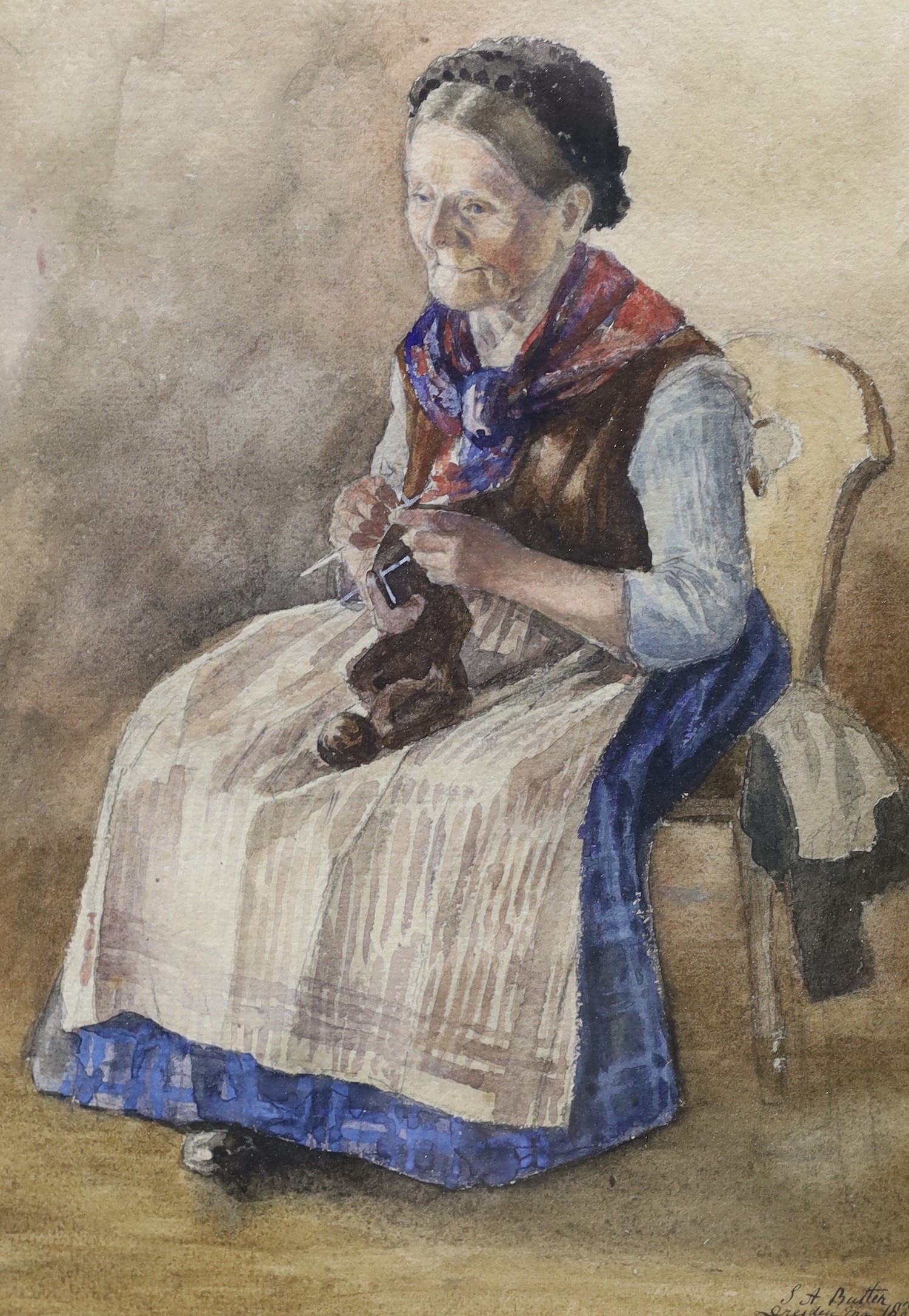 Three 19th century watercolours, 'Parish choir' by Webster, 31 x 49cm, Woman knitting by Miss Butler 1887, 34 x 25cm, and Pastoral landscape, 28 x 38cm